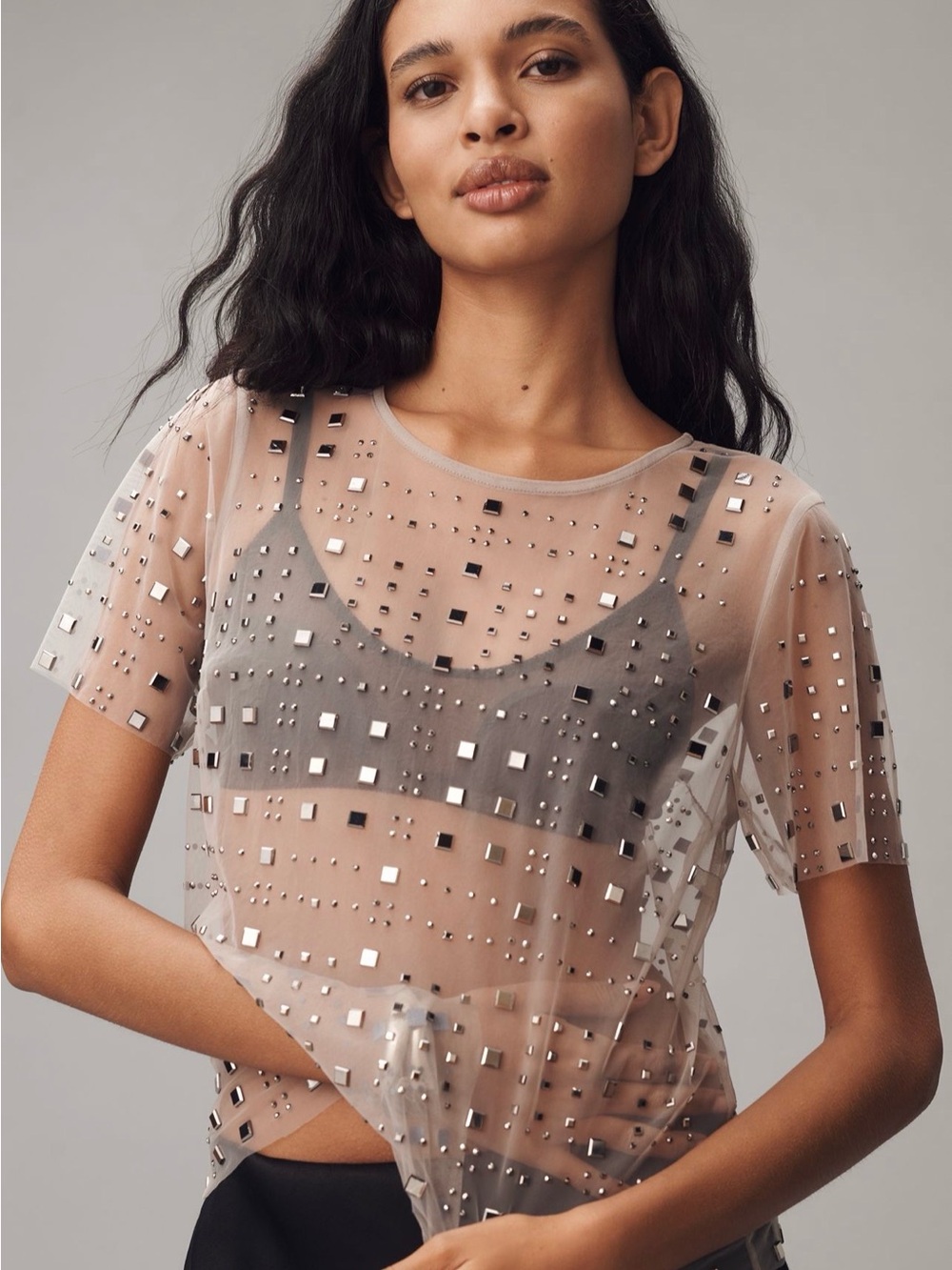 NWT | Sunday in Brooklyn Sheer Mesh Embellished Short-Sleeve Top